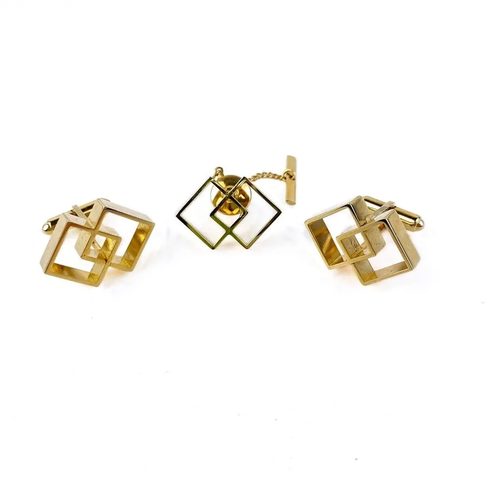 Sarah Coventry Canada Cufflinks Set Men's Tie Tack Open Geometric Gold Tone